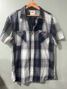 Levi's Men’s Short-Sleeve Plaid Button-Down Shirt - Navy, White, Gray